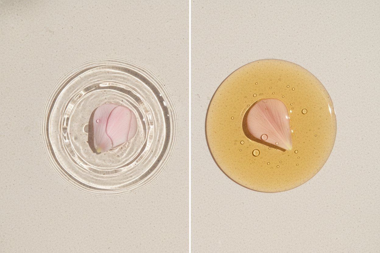 Conceptual comparison of clear hydrating water versus rich protective face oil textures.