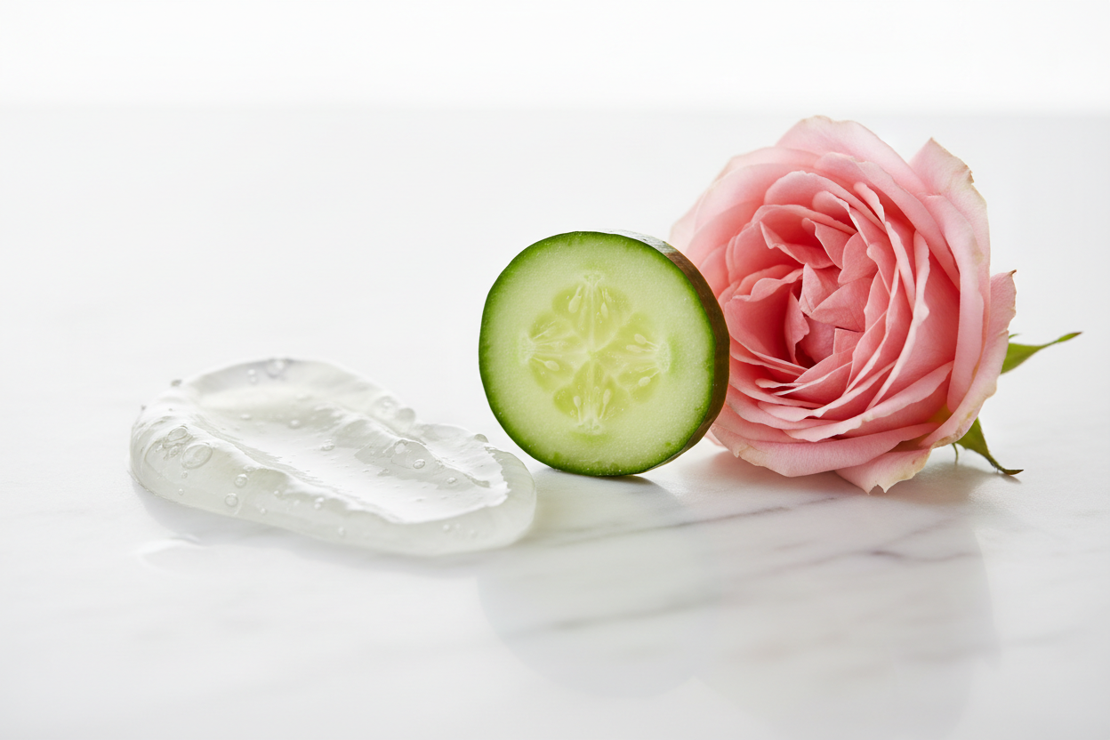 Cooling aloe vera and rose water ingredients for sensitive skin relief.