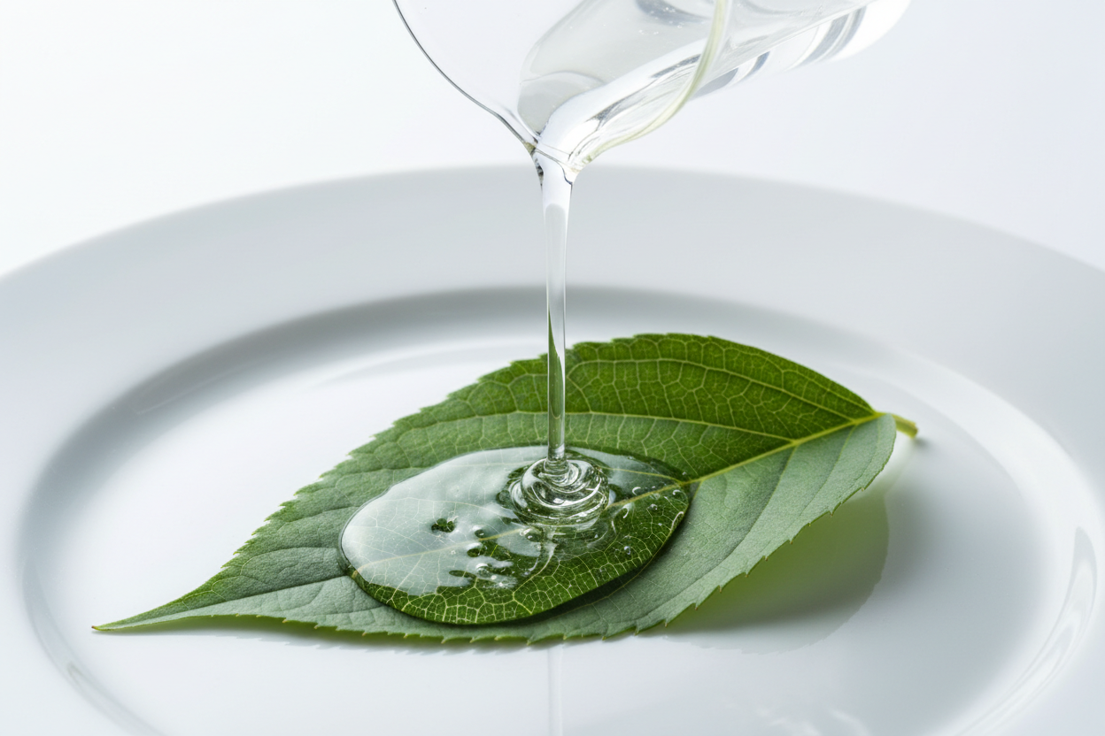 Pure kosher vegetable glycerin pouring onto a leaf to show hydration retention.