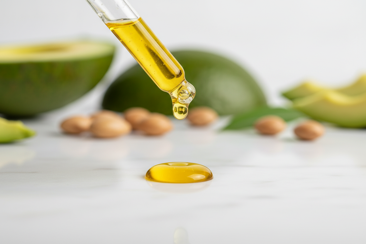 Macro close-up of a golden Jojoba oil liquid wax droplet on a glass dropper, demonstrating the key ingredient for balancing oily and dry skin.