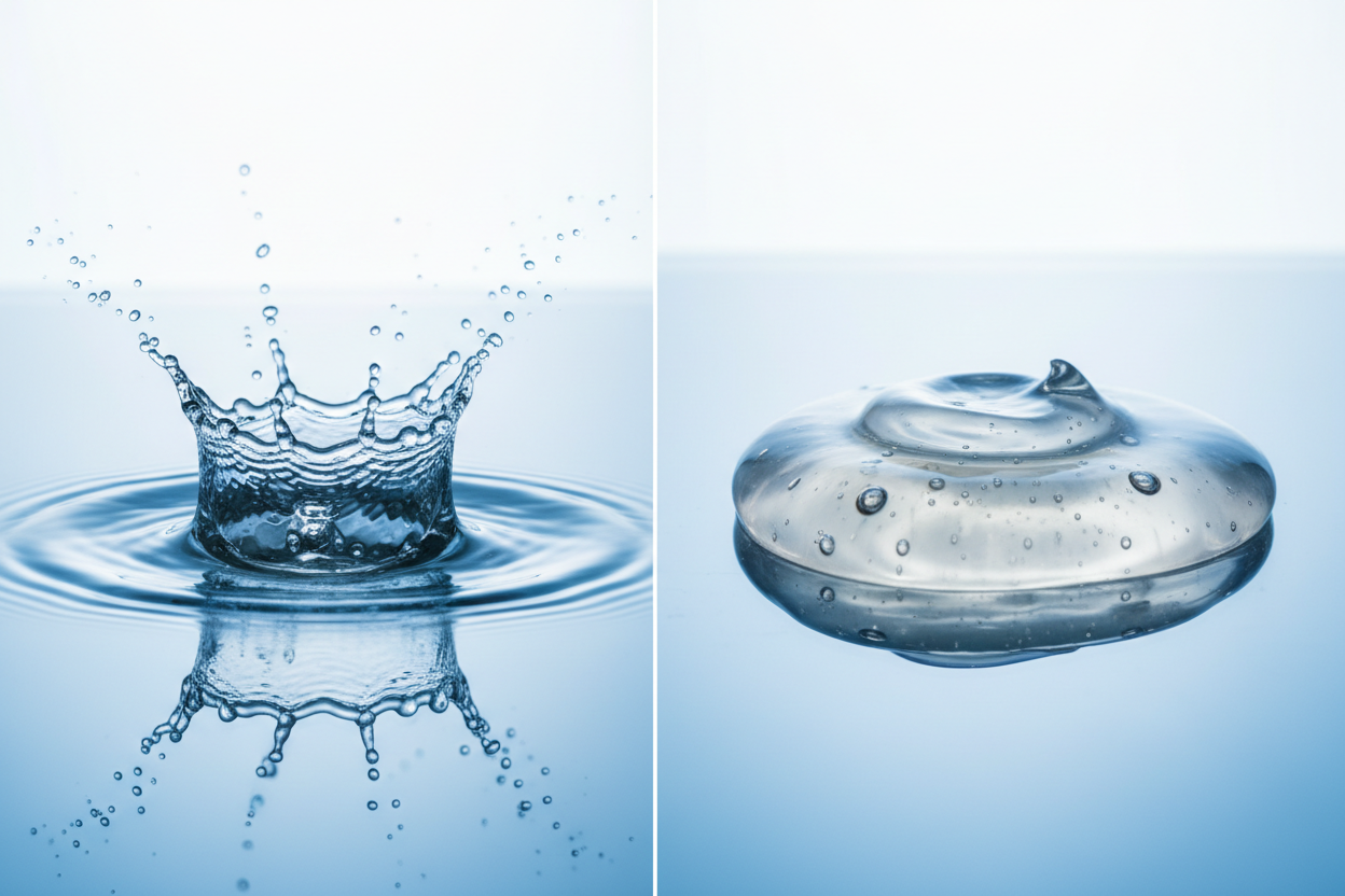 Comparison of water texture versus rich aloe vera gel texture in skincare.