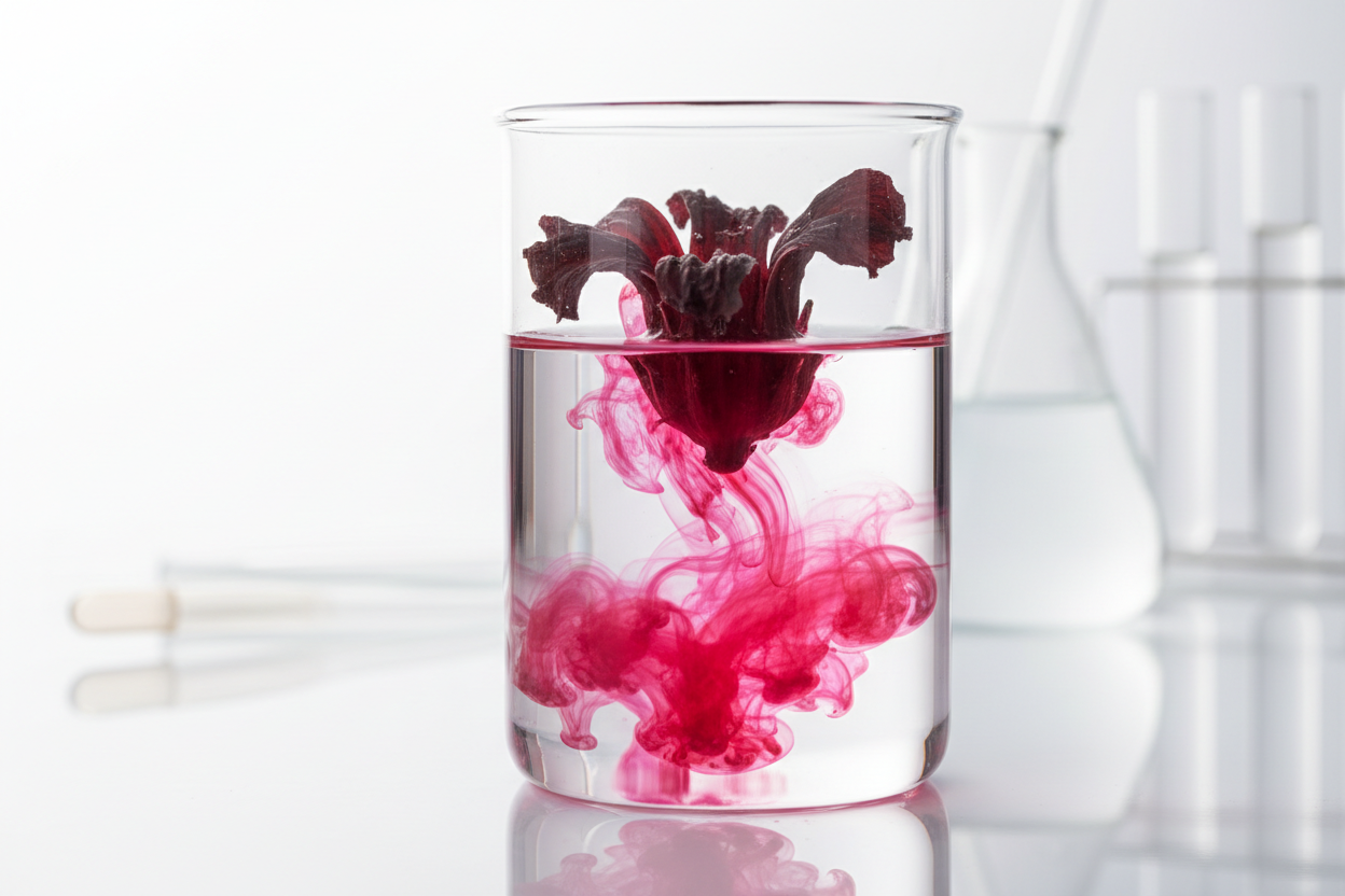 Red hibiscus flower extract in laboratory beaker for natural skincare.