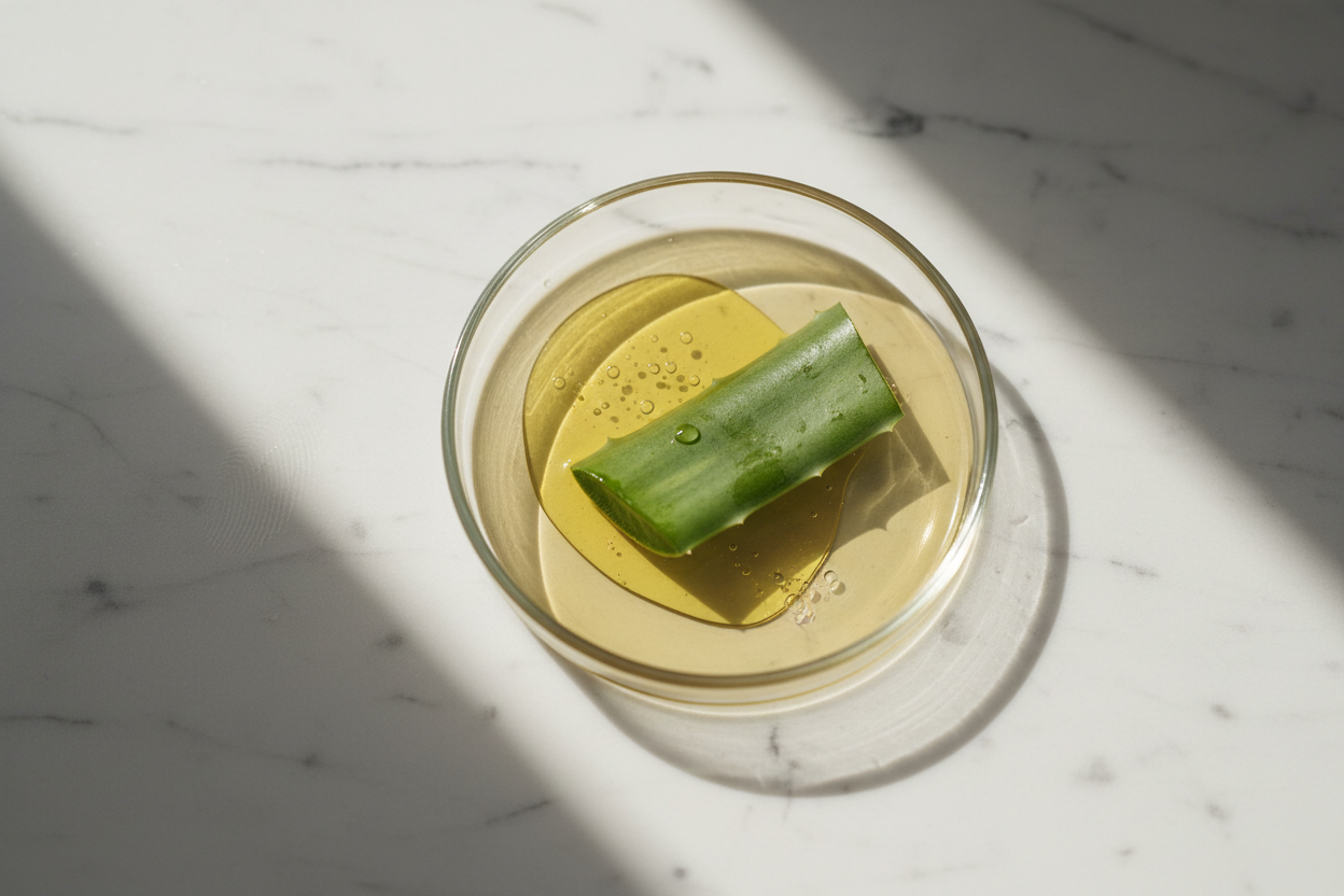 etri dish with Jojoba oil and Aloe Vera illustrating biomimetic skincare science.