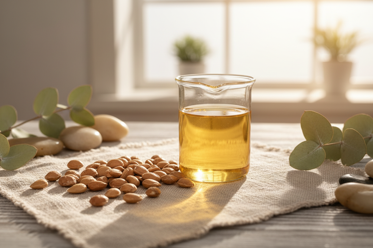raw, whole jojoba seeds and a small, laboratory-style beaker with golden liquid wax catching natural sunlight.