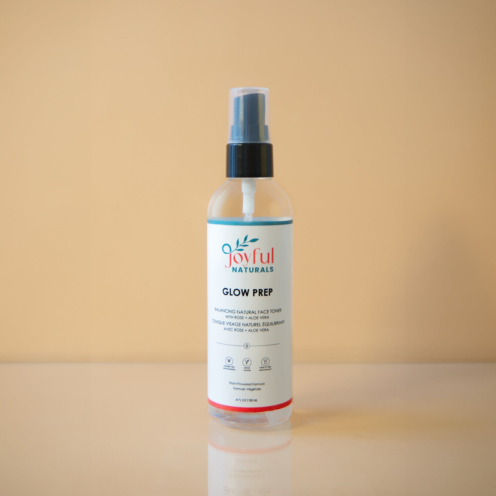 Joyful Naturals Glow Prep balancing face toner with rose water and hibiscus for pH balance.