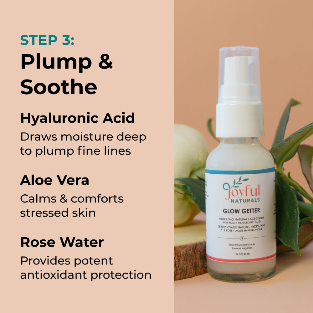 Benefits of Glow Getter serum showing hyaluronic acid and aloe vera ingredients.