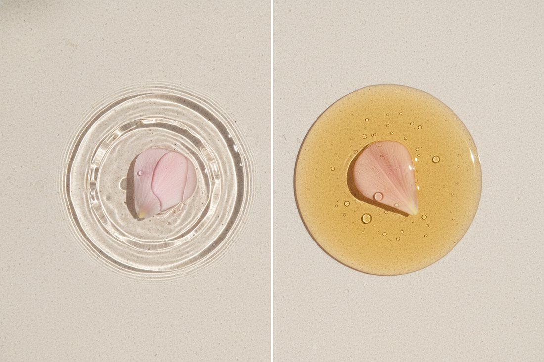 Conceptual comparison of clear hydrating water versus rich protective face oil textures.