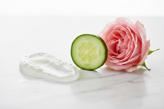 Cooling aloe vera and rose water ingredients for sensitive skin relief.