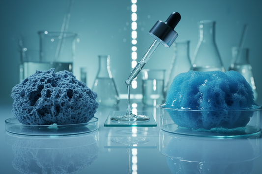 Comparison of dry sponge versus hydrated sponge illustrating hyaluronic acid benefits.