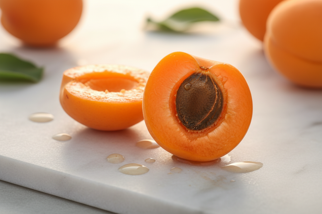 Fresh apricot and golden apricot kernel oil for anti-aging skincare.