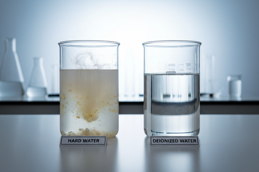 Comparison of cloudy hard water versus crystal clear deionized water for skincare purity.