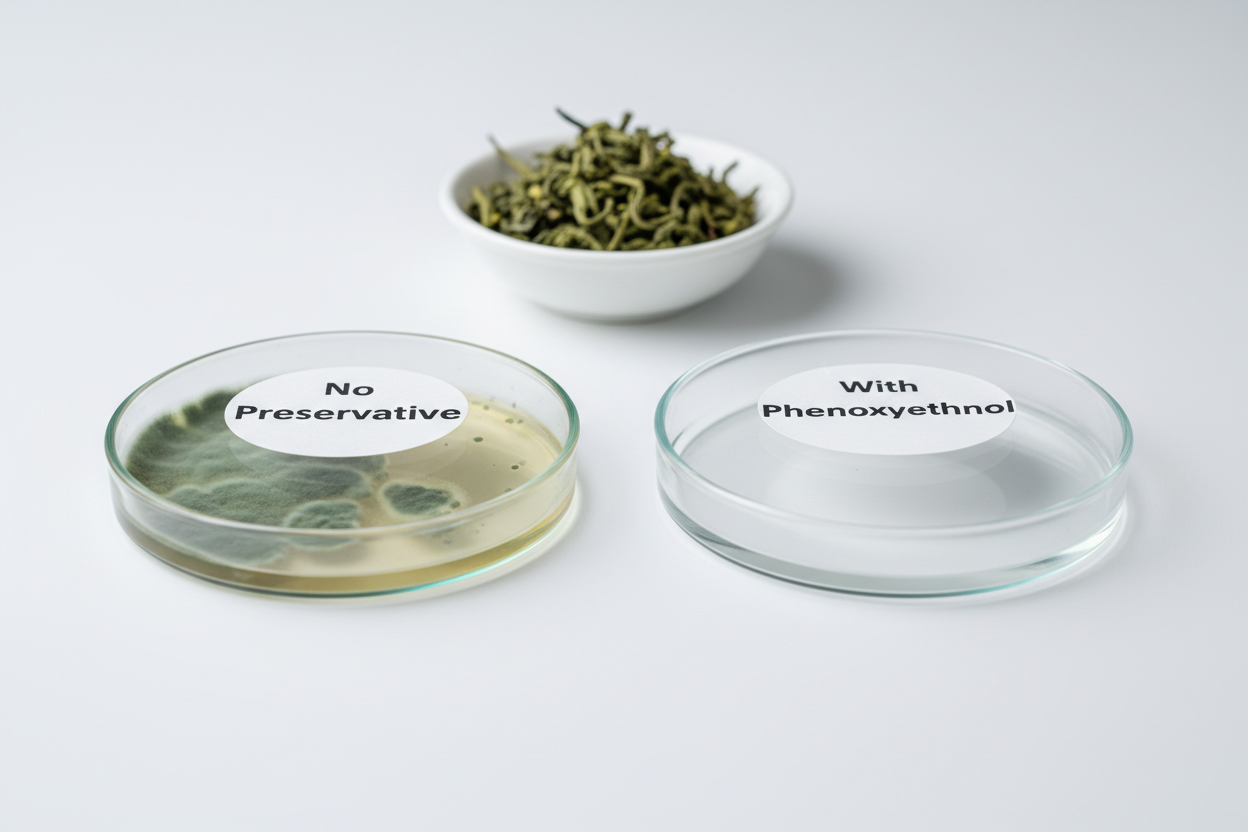 Petri dish comparison showing phenoxyethanol preventing mold growth in skincare.
