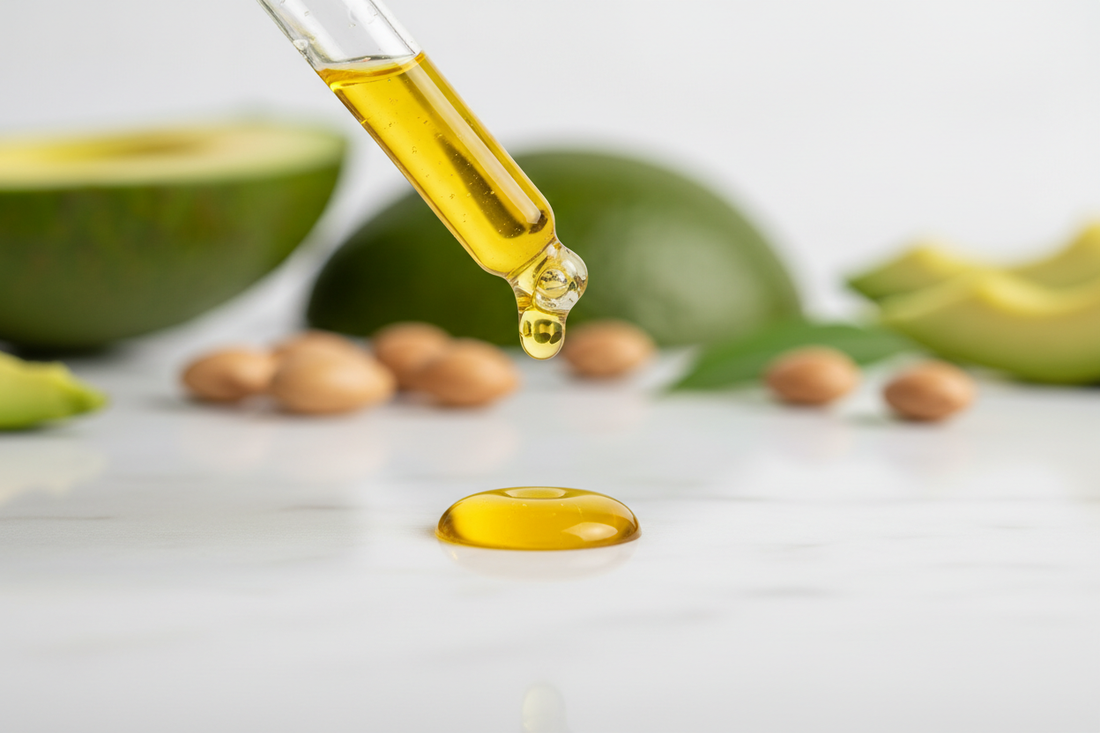 Macro close-up of a golden Jojoba oil liquid wax droplet on a glass dropper, demonstrating the key ingredient for balancing oily and dry skin.