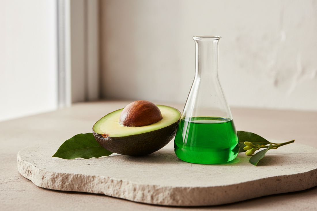 Fresh avocado and cold-pressed avocado oil for skincare collagen boosting.