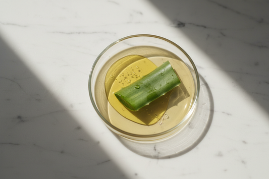 etri dish with Jojoba oil and Aloe Vera illustrating biomimetic skincare science.