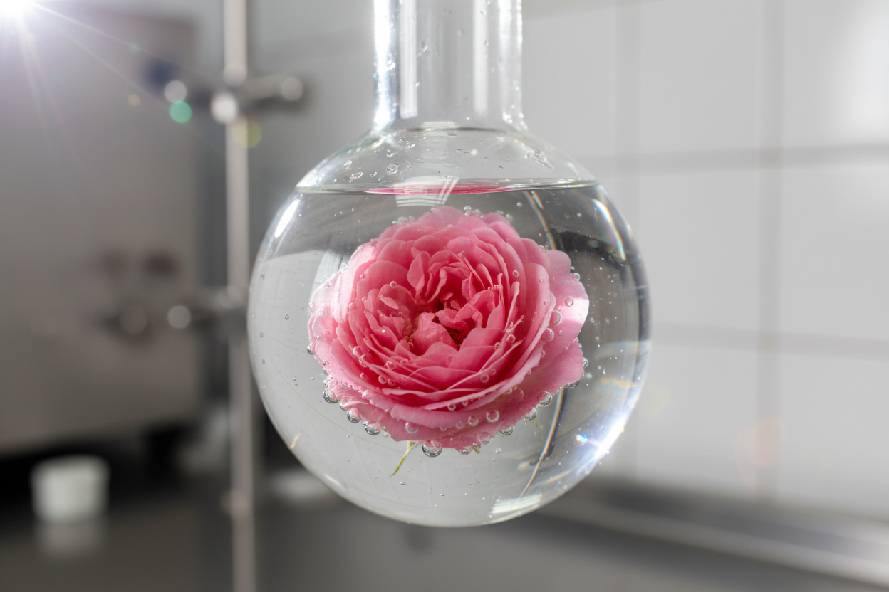 Organic Rosa Damascena rose water extraction for pH balanced skincare.