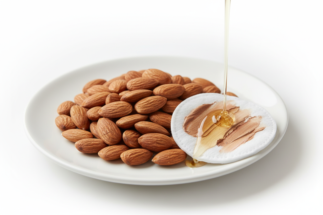 Sweet almond oil dissolving makeup on a cotton pad, illustrating gentle cleansing.