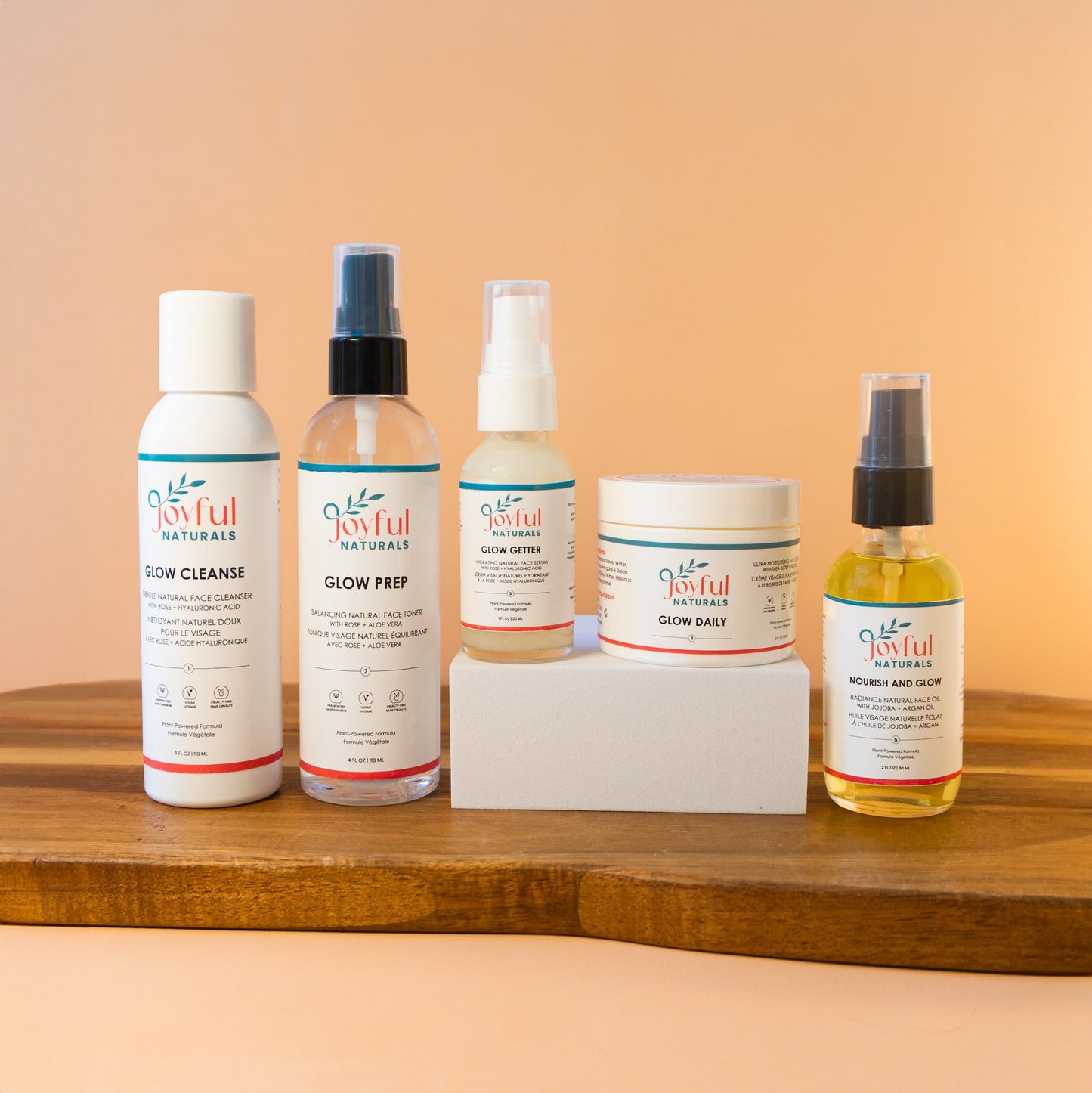 Joyful Naturals Glow Reset 5-step complete skincare system including cleanser, toner, serum, cream, and oil.