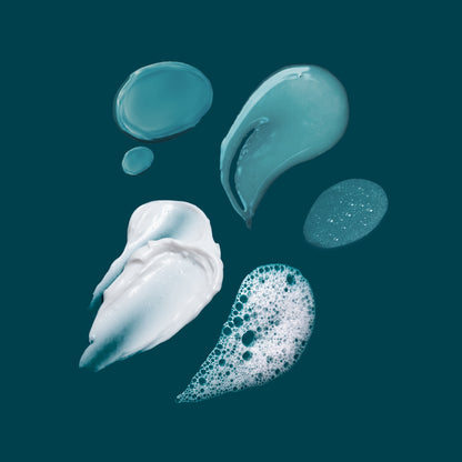 Rich texture swatches of the 5-step reset system including whipped face cream and hydrating serum.