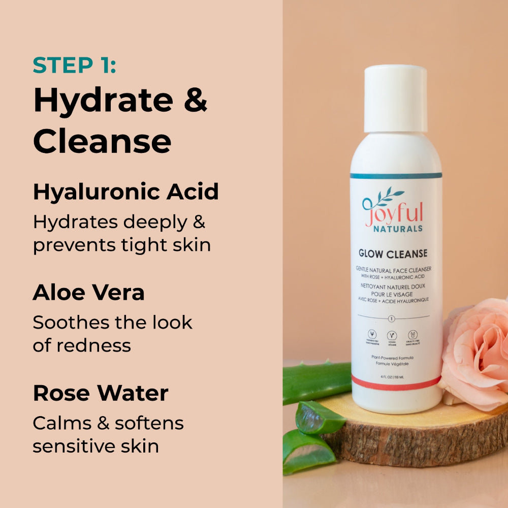 Benefits of Glow Cleanse face wash showing hyaluronic acid and aloe vera ingredients.