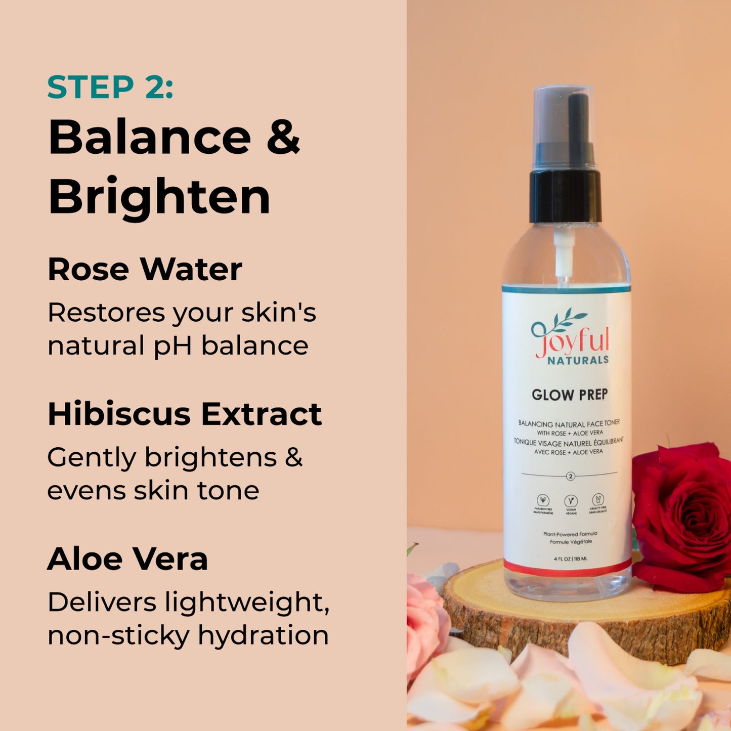 Benefits of Glow Prep toner showing rose water and hibiscus extract ingredients.