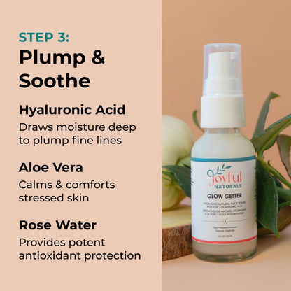 Benefits of Glow Getter serum showing hyaluronic acid and aloe vera ingredients.