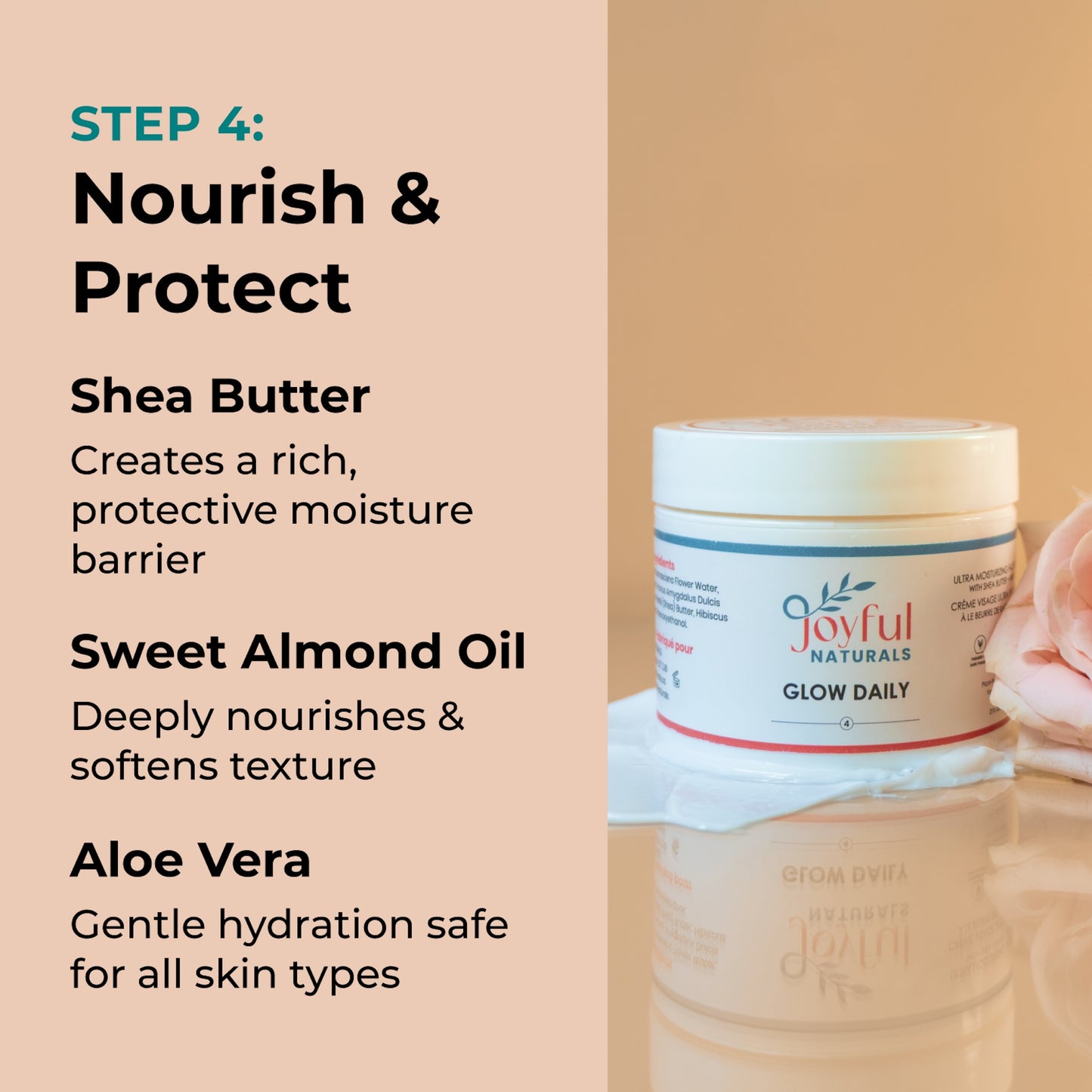 Rich daily face cream jar styled with rose petals showing deep nourishment texture.