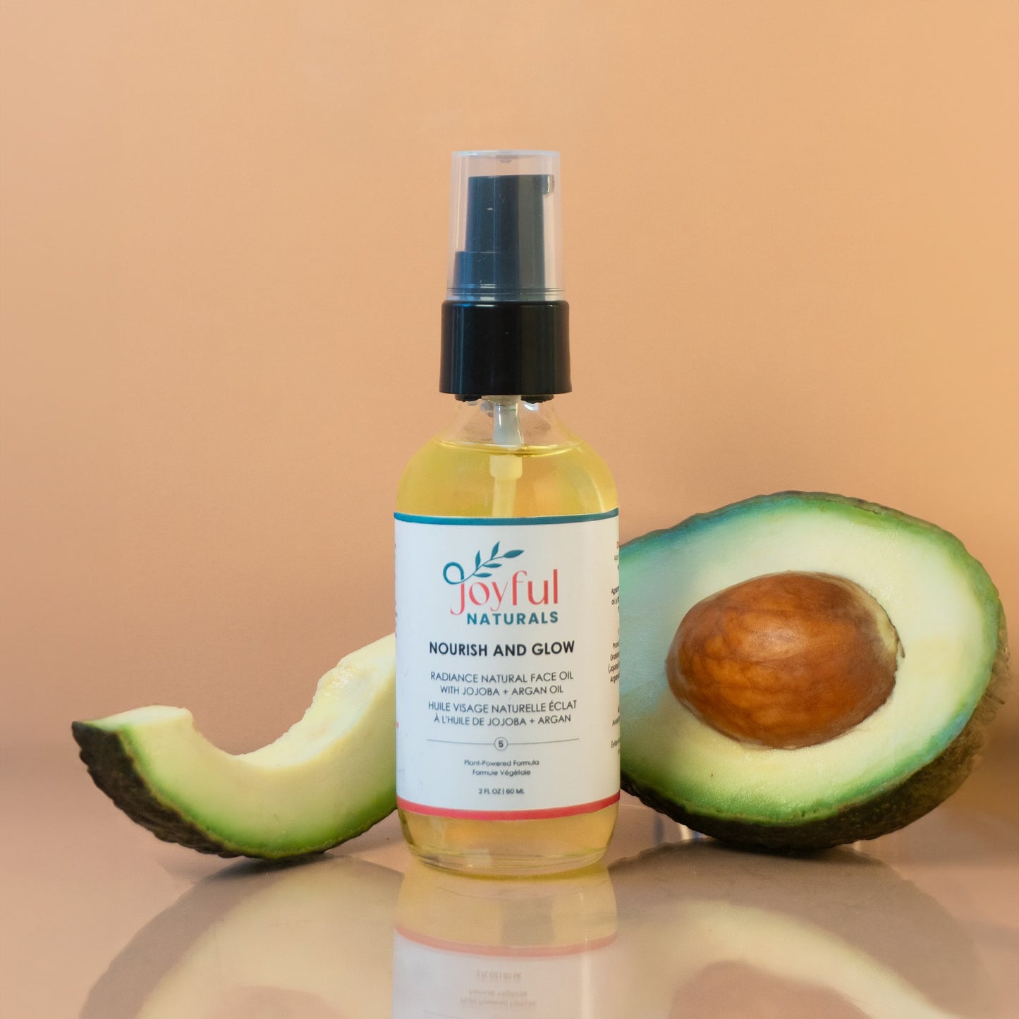 Jojoba face oil bottle styled with avocado showing natural ingredients for sealing hydration.