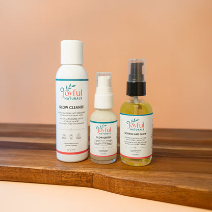 Joyful Naturals Simple Start 3-step skincare set with cleanser, hydrating serum, and face oil for a minimalist routine.