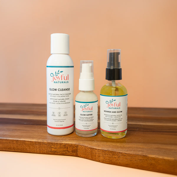 Joyful Naturals Simple Start 3-step skincare set with cleanser, hydrating serum, and face oil for a minimalist routine.